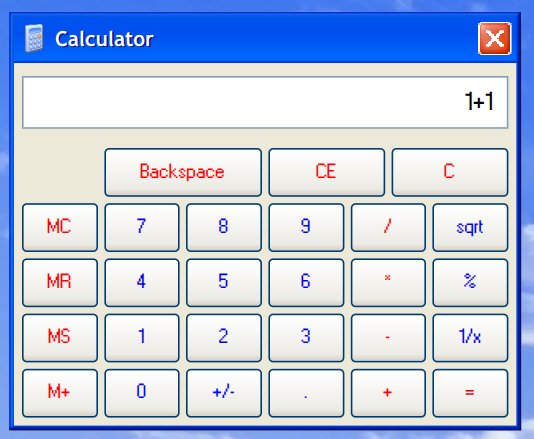calculator application showing the calculation of 1 + 1
