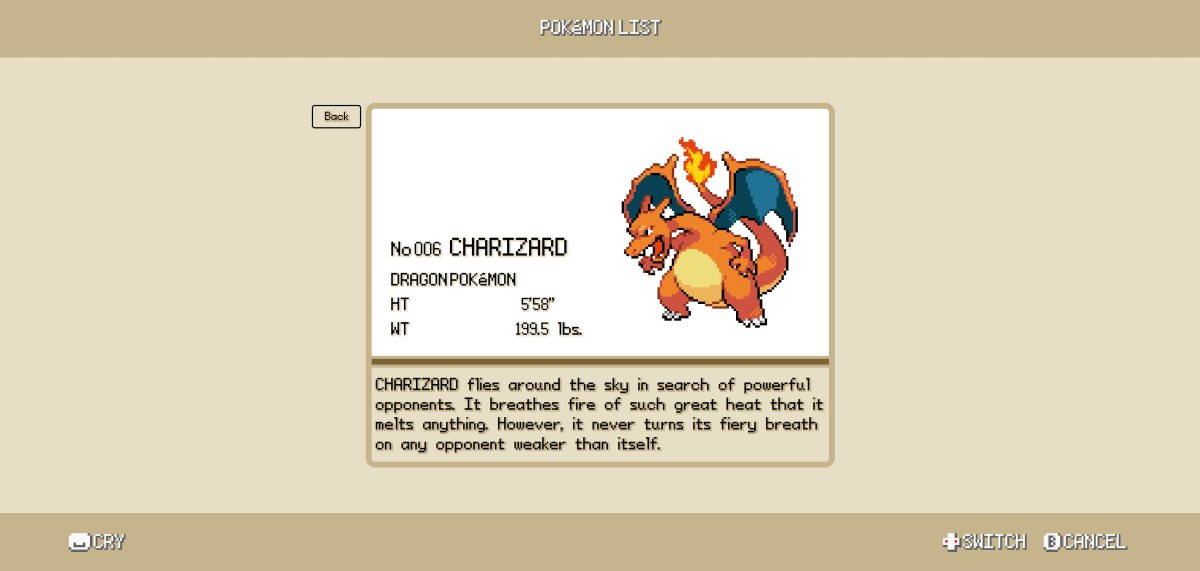 description page of charizard