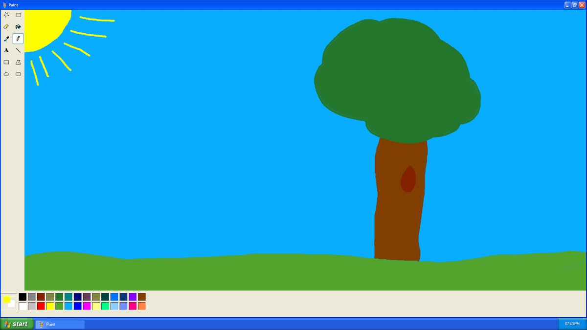 drawing of a sunny blue sky with a tree in MS Paint