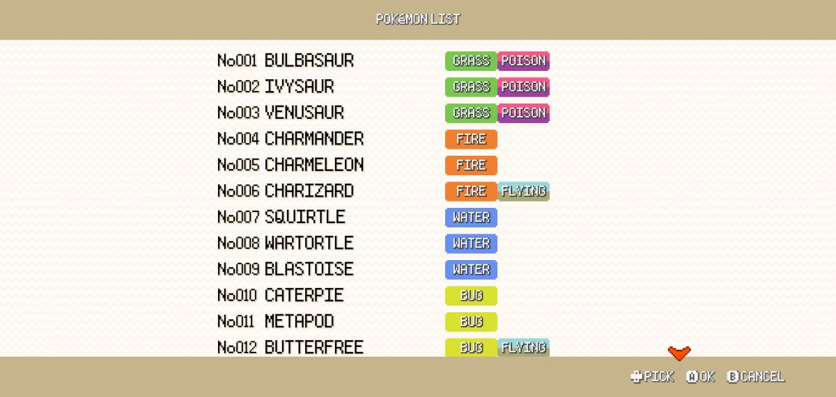 pokémon list in the style of pokémon fire red